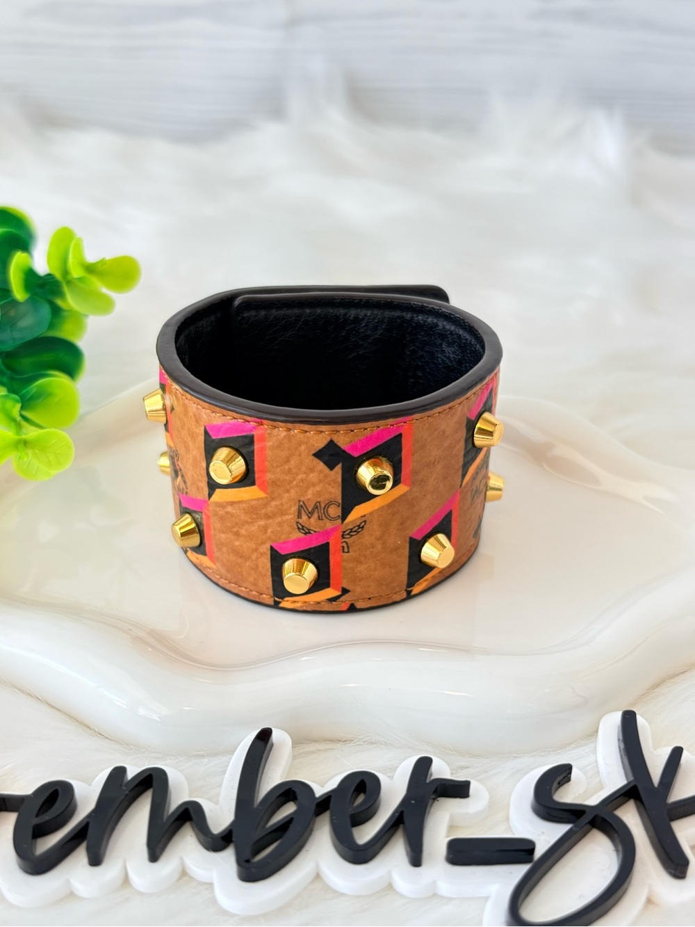 MCM Cognac Visetos Geometric Studded Leather Cuff with Pink & Black Accents